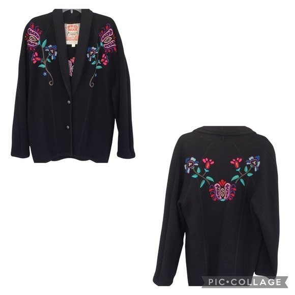 TUNDRA 100%Pure Virgin Wool Black Floral Embroidered Feminine Cozy 2-Button Coat - Picture 1 of 14